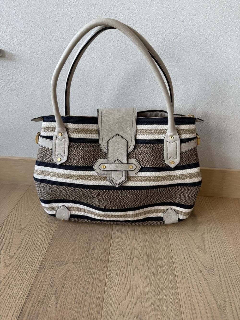 Eric Javits Women’s Purse Woven Tote Bag Double Handles Beige Navy Gold Cream